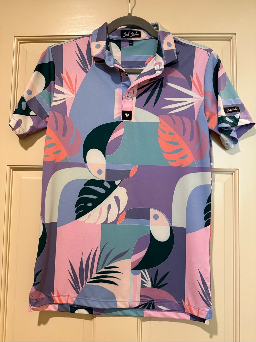 Bad Birdie Tropical Toucan Print Polo in Pink, Purple, Teal